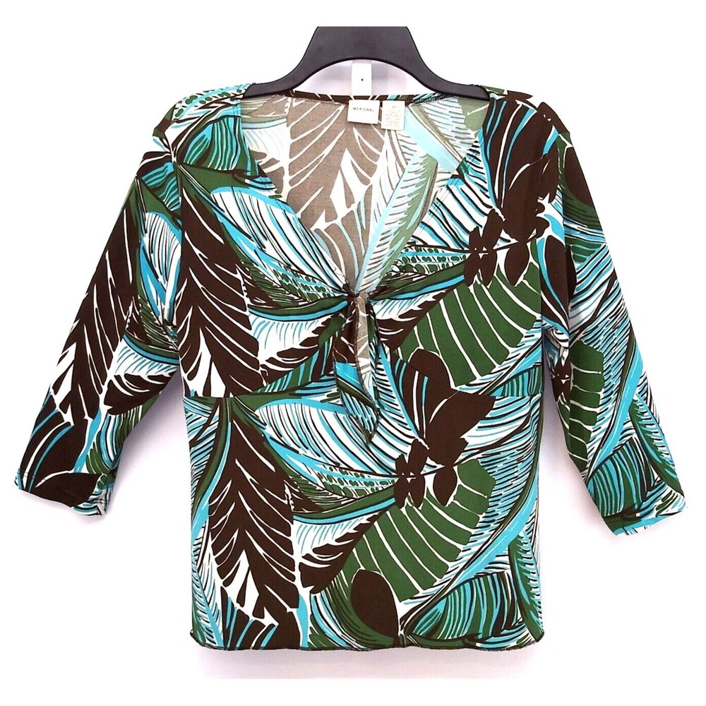 Merona Shirt Womens Medium Green Floral 3/4 Sleeve Blouse